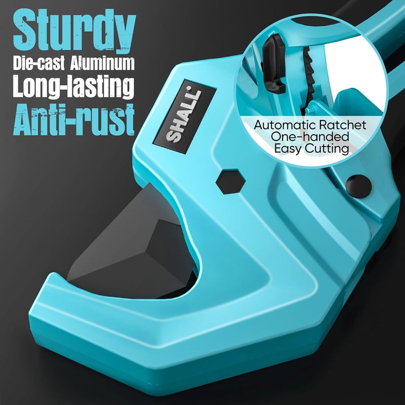 SHALL PVC Pipe Cutter, Cuts up to 1-5/8”, Heavy-Duty Aluminum Ratchet Pipe Cutter Tool for PVC, PPR, PE, PEX, Plastic Hoses & Plumbing Pipes, Fast Pipe Tube Cutters with High Performance SK5 Blade - Image 4